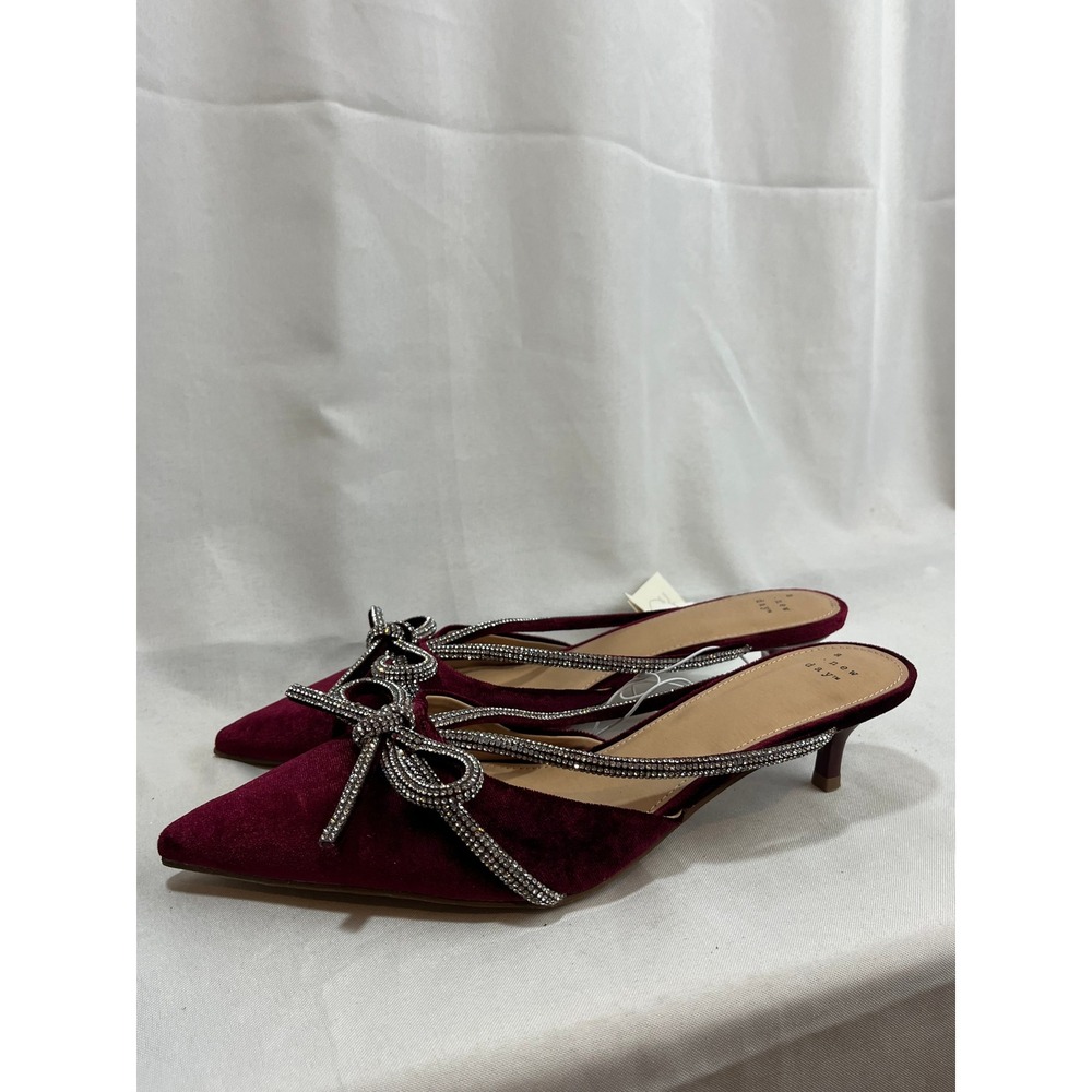 A New Day Womens Burgundy Velvet Rhinestone Bow Kitten Heel Mules Size 10